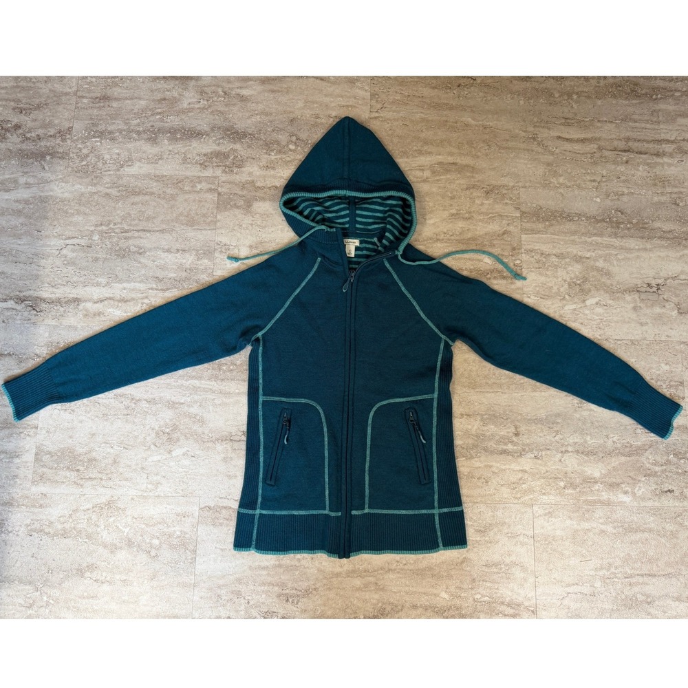(2) LL Bean 100% Merino Wool Sweater Womens Size XS Black & Teal Full Zip